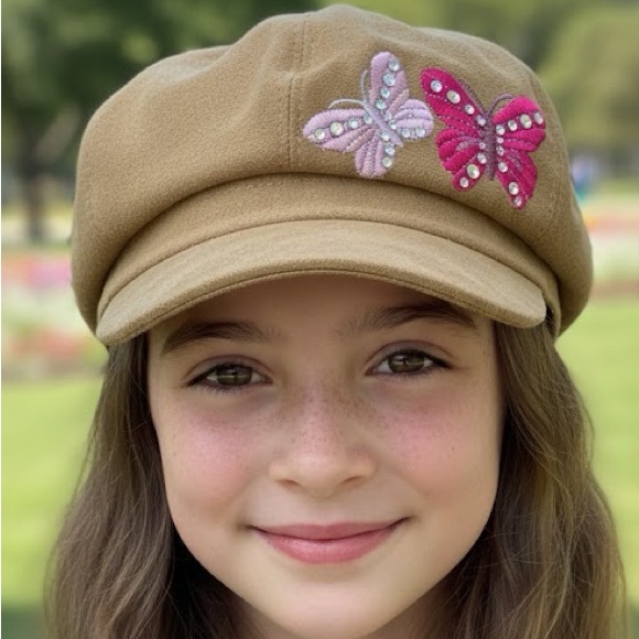 Girl’s Tan  Faux Suede Hat w/Embroidered Butterflies - Picture 6 of 6